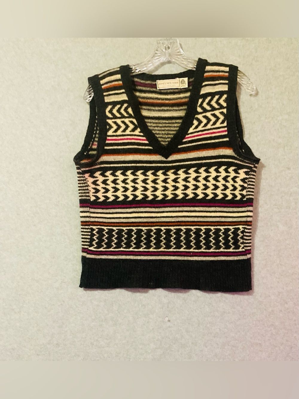 Jones New York Vintage-Inspired Black Patterned V-Neck Sweater Vest Sz